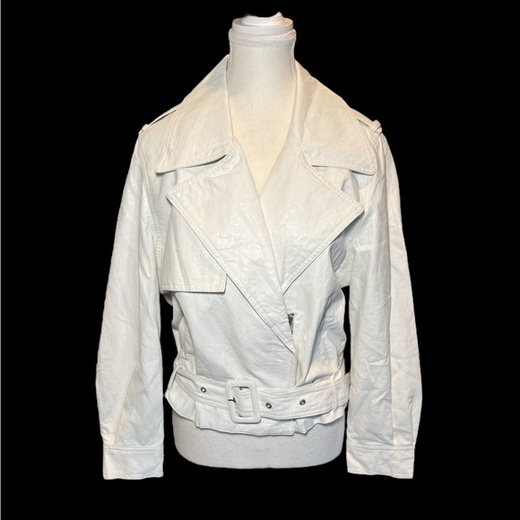 Zara White Faux Leather Moto Jacket Belted Oversized Lapel Medium - Picture 3 of 10
